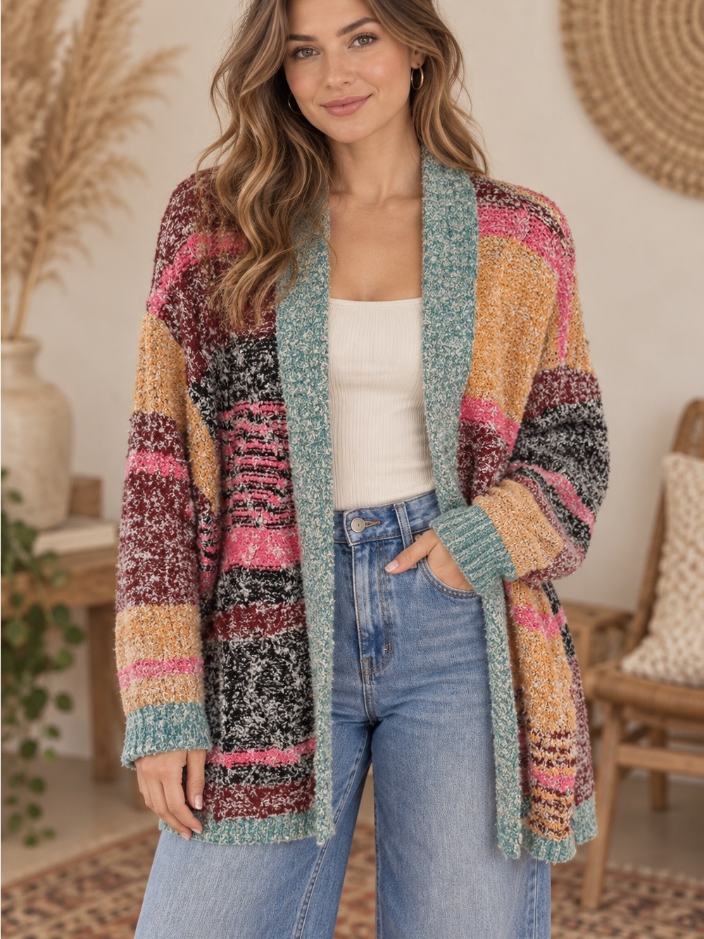 &merci multicolor Open-Front Cozy Cardigan Sweater (090678) 🍂 ☀️
